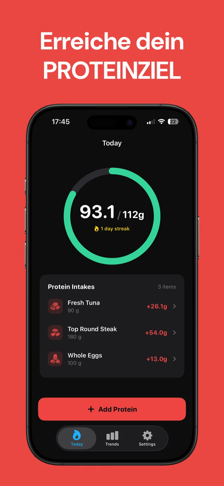 Erreiche dein PROTEINZIEL — Protein Zähler auf dem iPhone zeigt die heutige Tagesaufnahme in einem übersichtlichen Fortschrittsring