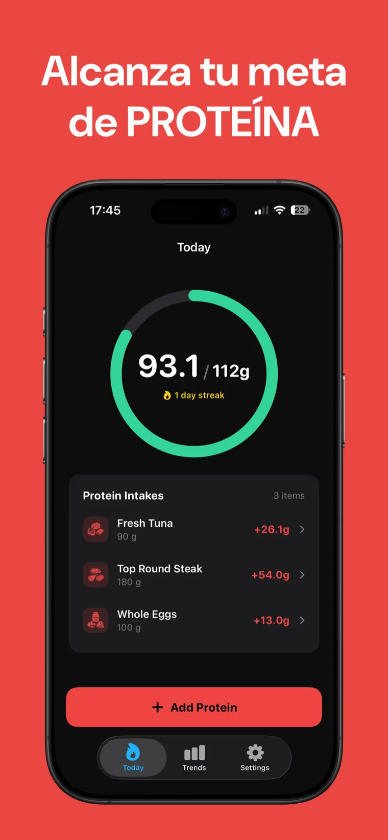 Alcanza tu meta de PROTEÍNA — Proteína Contador en iPhone mostrando la ingesta diaria de hoy en un anillo de progreso limpio