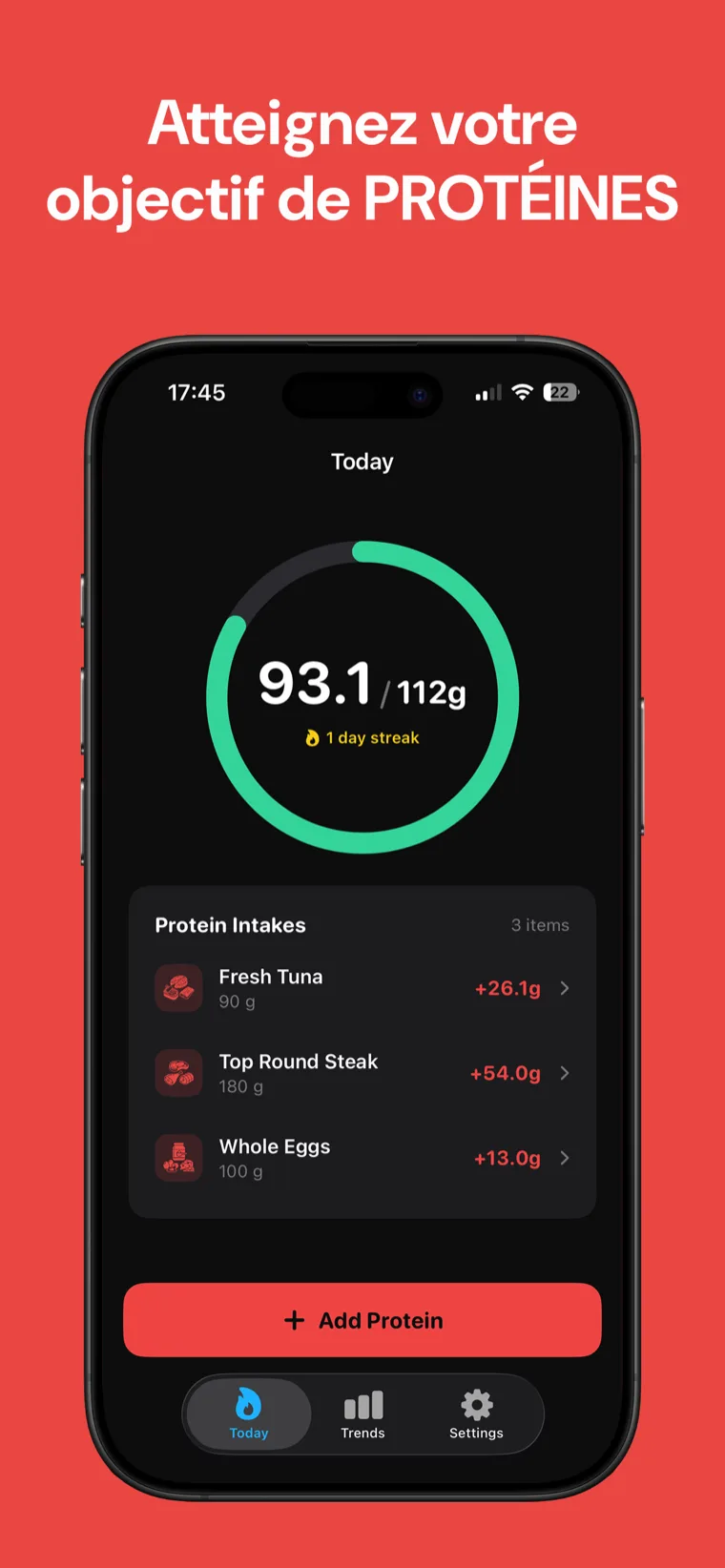 Atteignez votre objectif de PROTÉINES — Protéine Suivi sur iPhone affichant l'apport quotidien du jour avec un anneau de progression épuré