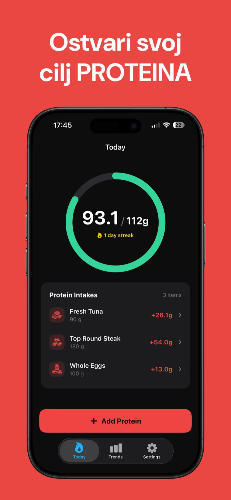 Ostvari svoj cilj PROTEINA — Protein Brojač na iPhoneu prikazuje današnji dnevni unos na čistom krugu napretka