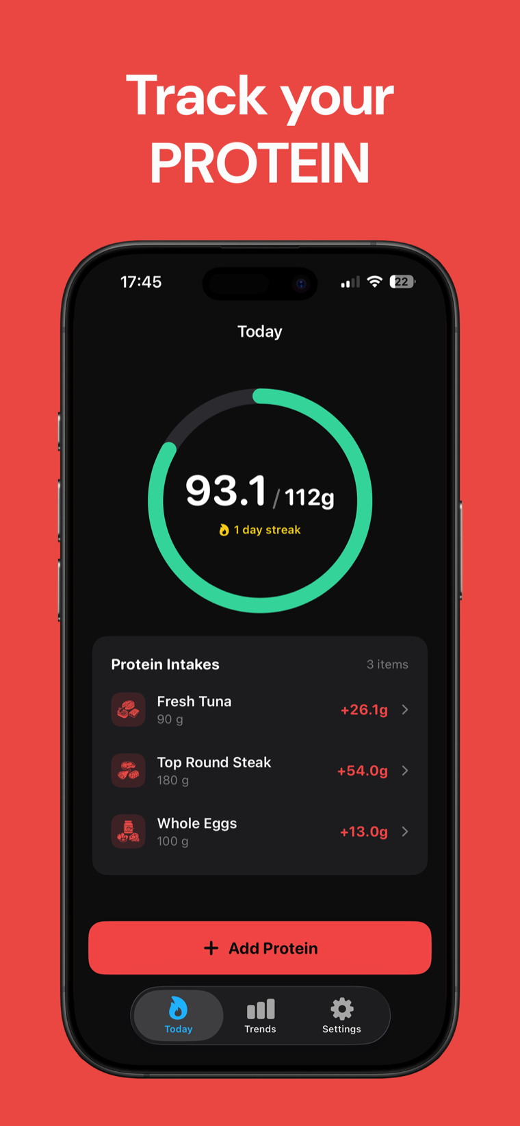 Track your Protein — Protein Tracker on iPhone showing today's daily intake on a clean progress ring