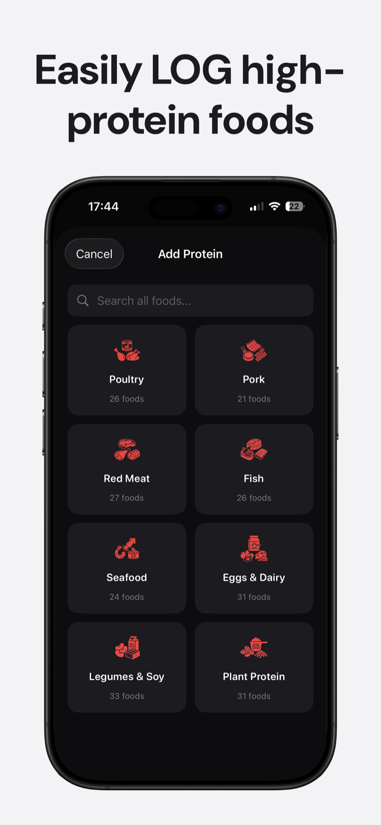 Easily Log high-protein foods — Protein Tracker searchable food database for quickly adding what you eat