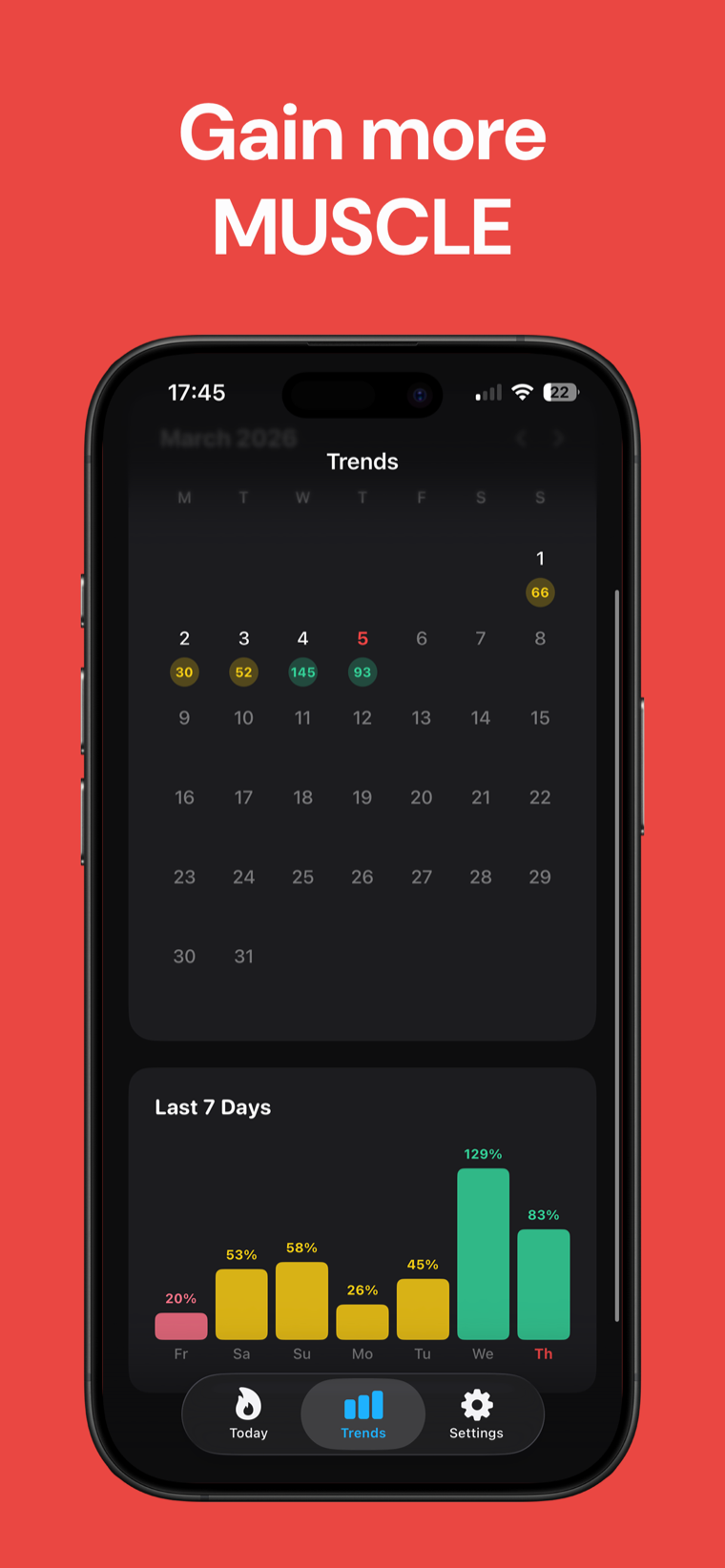 Gain more Muscle — Protein Tracker showing a weekly streak calendar tracking days you hit your protein goal