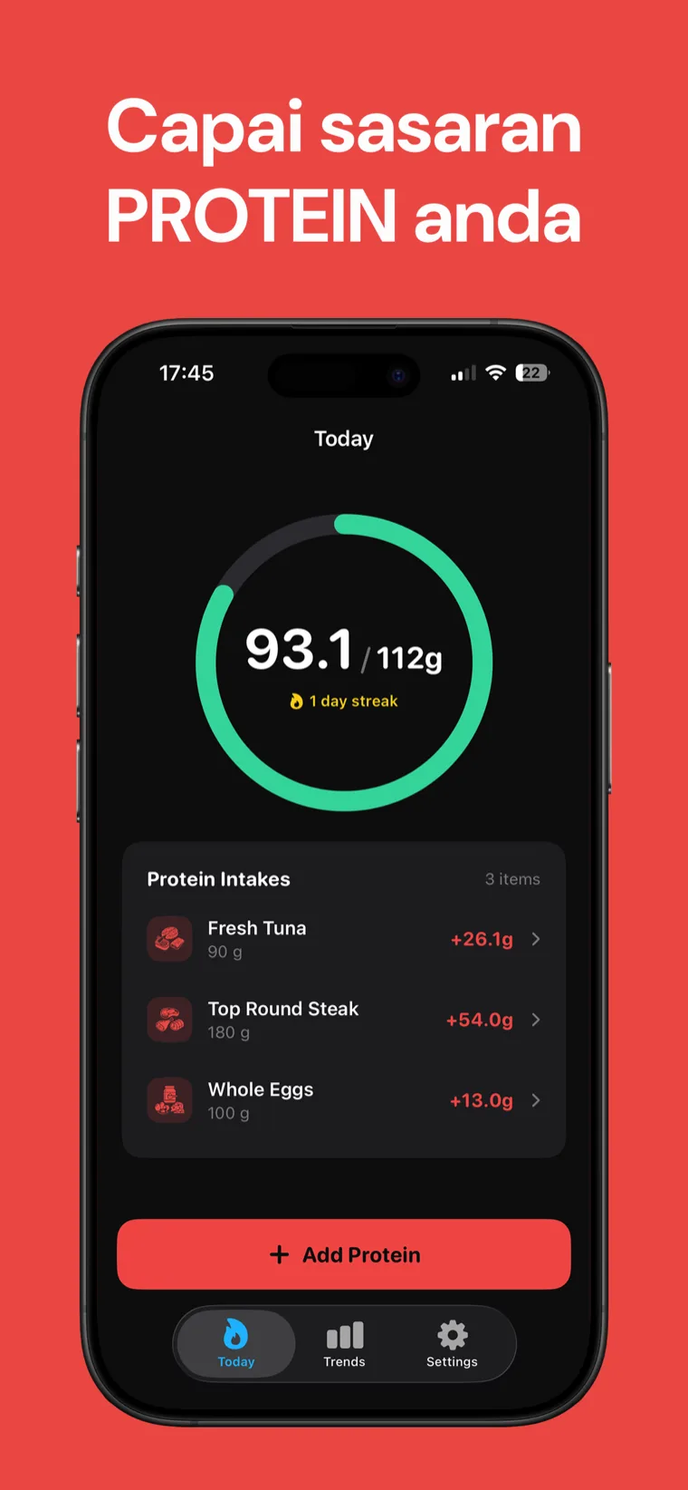 Capai sasaran PROTEIN anda — Protein Tracker pada iPhone menunjukkan pengambilan harian hari ini pada gelang kemajuan yang bersih