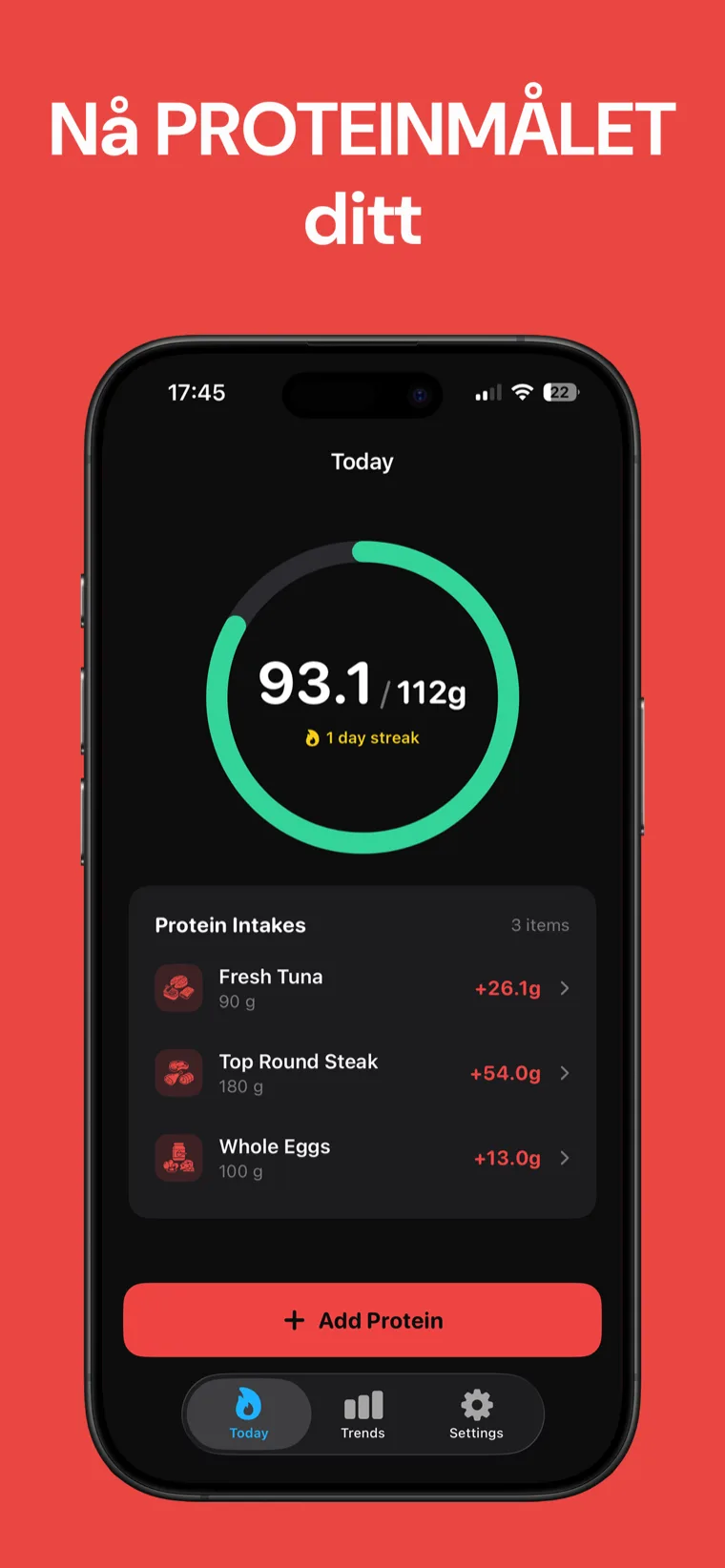 Nå PROTEINMÅLET ditt — Protein Teller på iPhone viser dagens inntak på en ren fremdriftsring