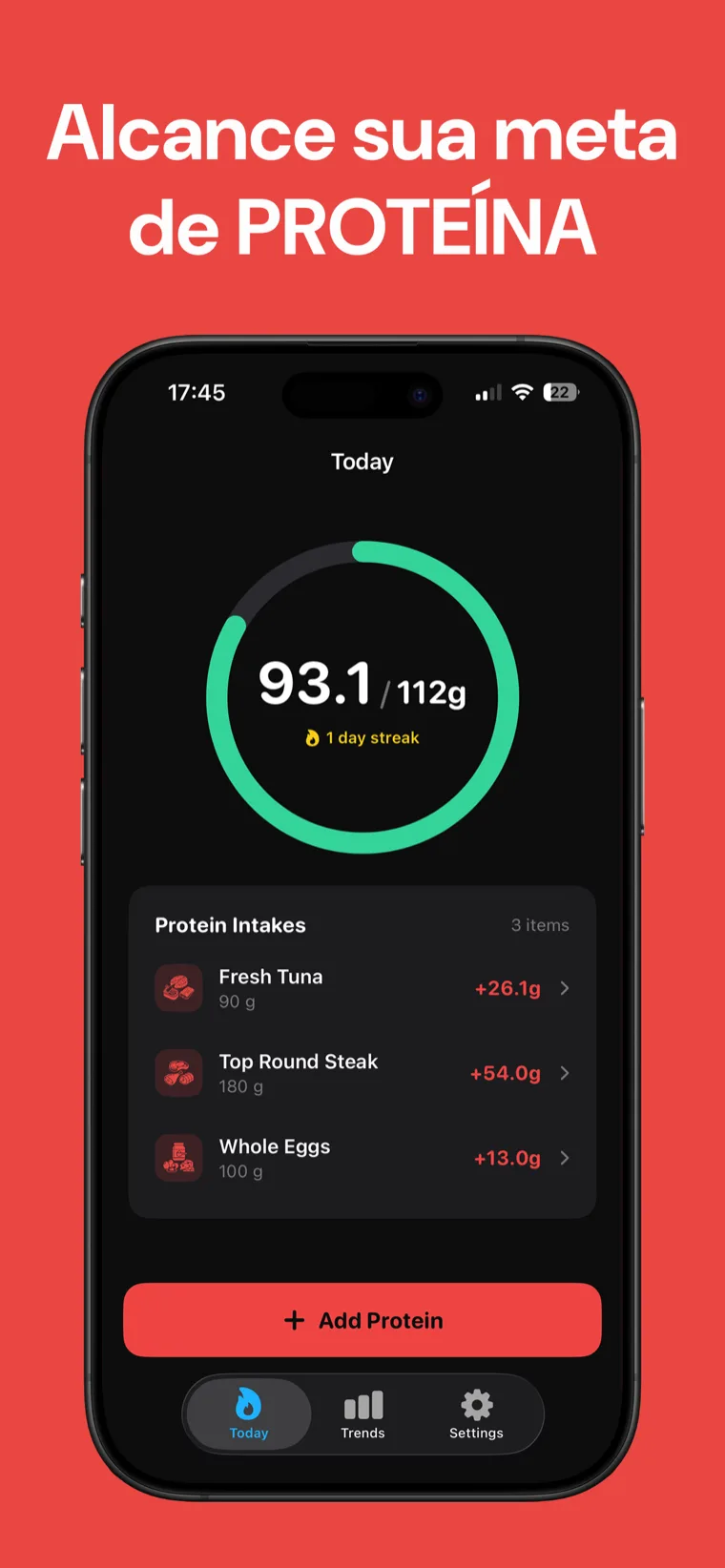 Alcance sua meta de PROTEÍNA — Proteína Contador no iPhone mostrando a ingestão diária de hoje em um anel de progresso limpo