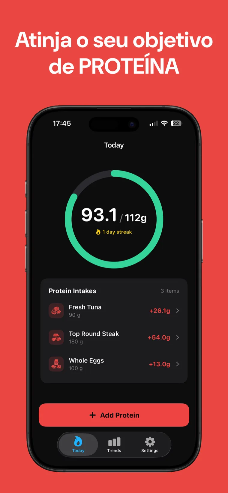 Atinja o seu objetivo de PROTEÍNA — Protein Tracker no iPhone a mostrar a ingestão diária de hoje num limpo anel de progresso