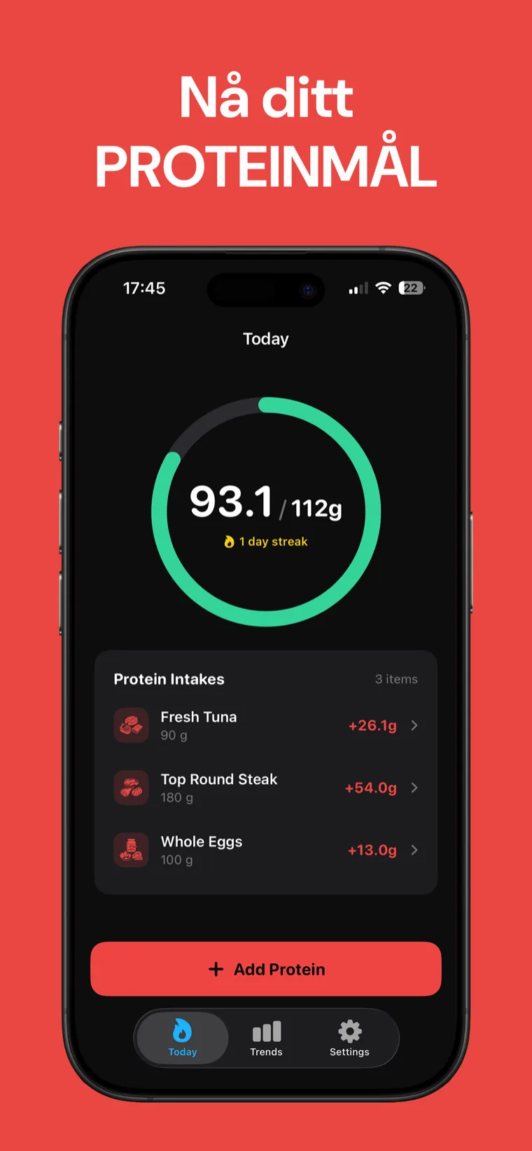 Nå ditt PROTEINMÅL — Protein Räknare på iPhone som visar dagens intag på en ren progressring