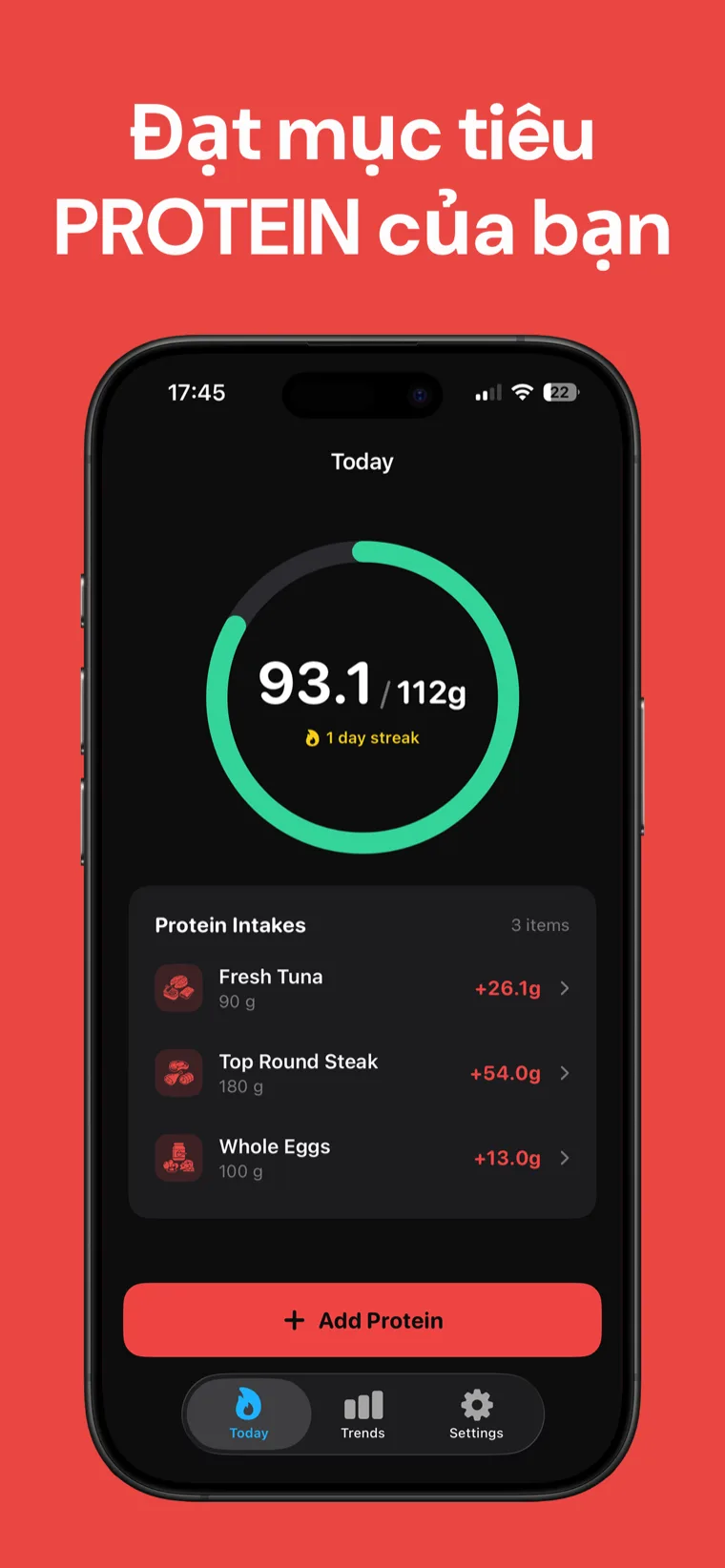 Đạt mục tiêu PROTEIN của bạn — Protein Theo dõi trên iPhone hiển thị lượng protein nạp vào hôm nay trên vòng tròn tiến độ sạch sẽ